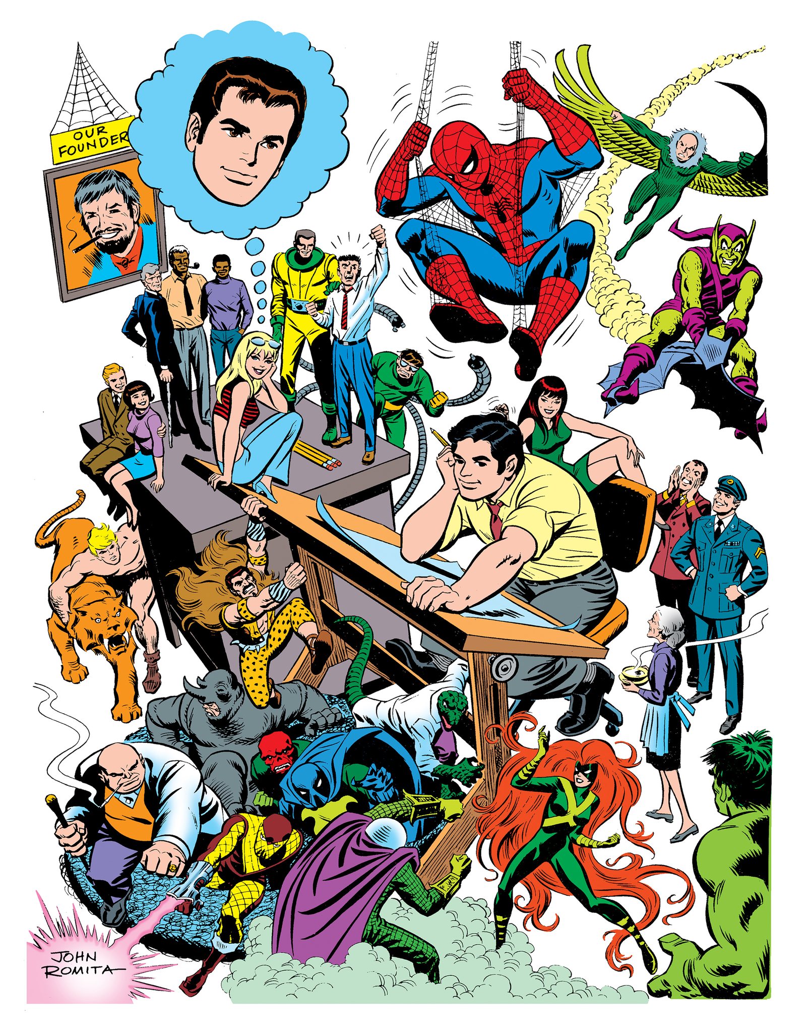 Una tavola con molti dei personaggi di Spider-Man disegnati da John Romita Sr.