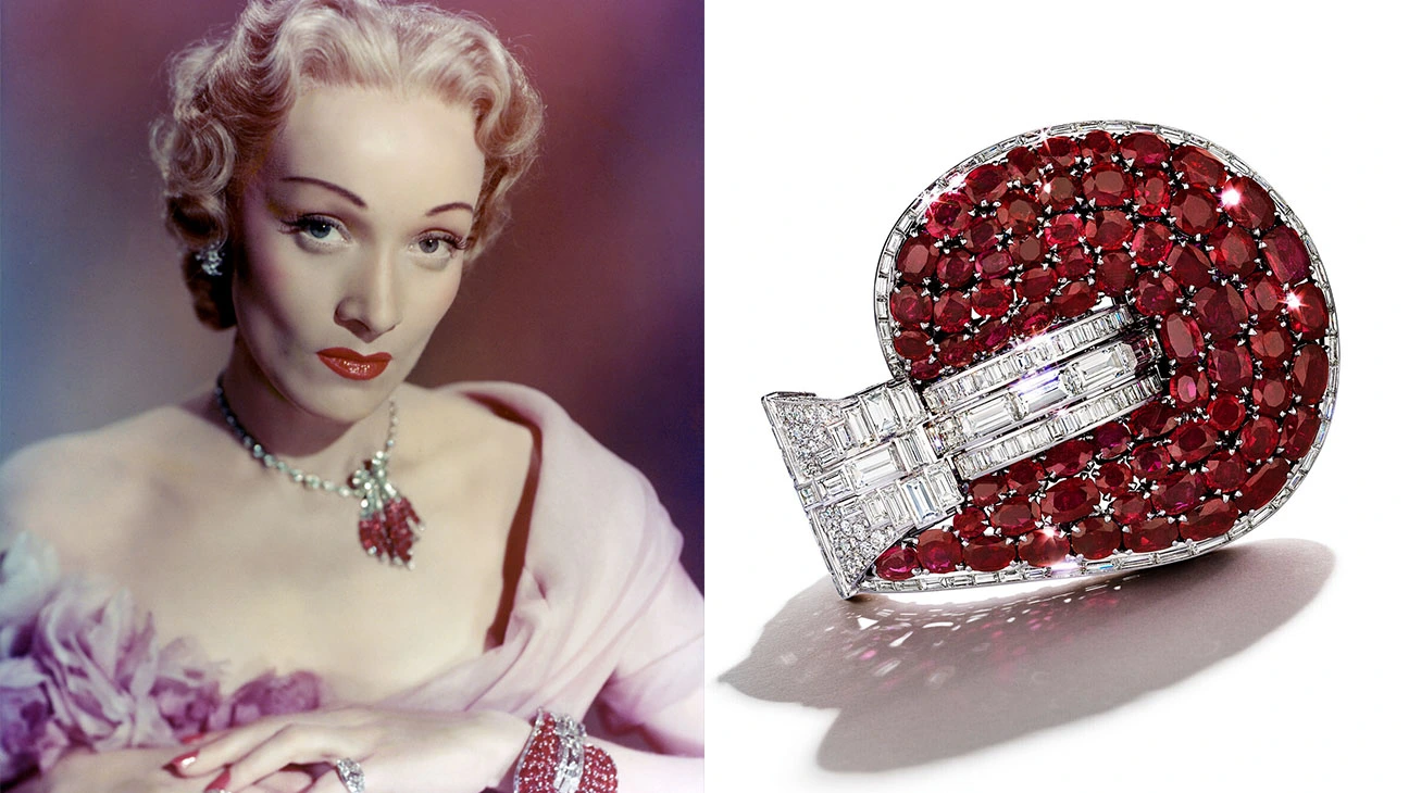 Marlene Dietrich con il bracciale di diamanti e rubini