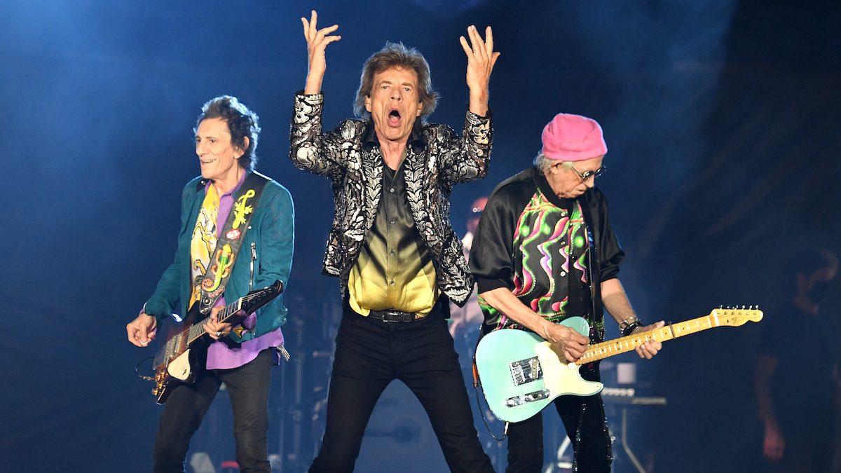 Ronnie Wood, Mick Jagger e Keith Richards dei Rolling Stones in concerto al Nissan Stadium a Nashville (ottobre 2021)