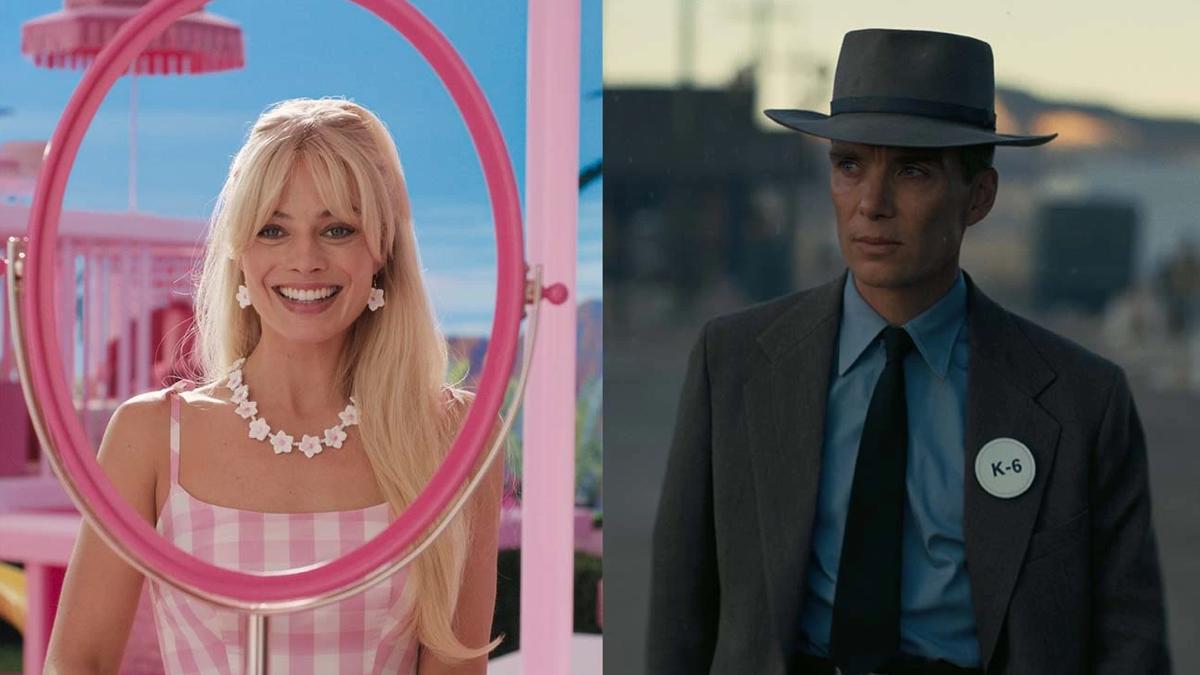 Margot Robbie in Barbie e Cillian Murphy in Oppenheimer. Barbenheimer