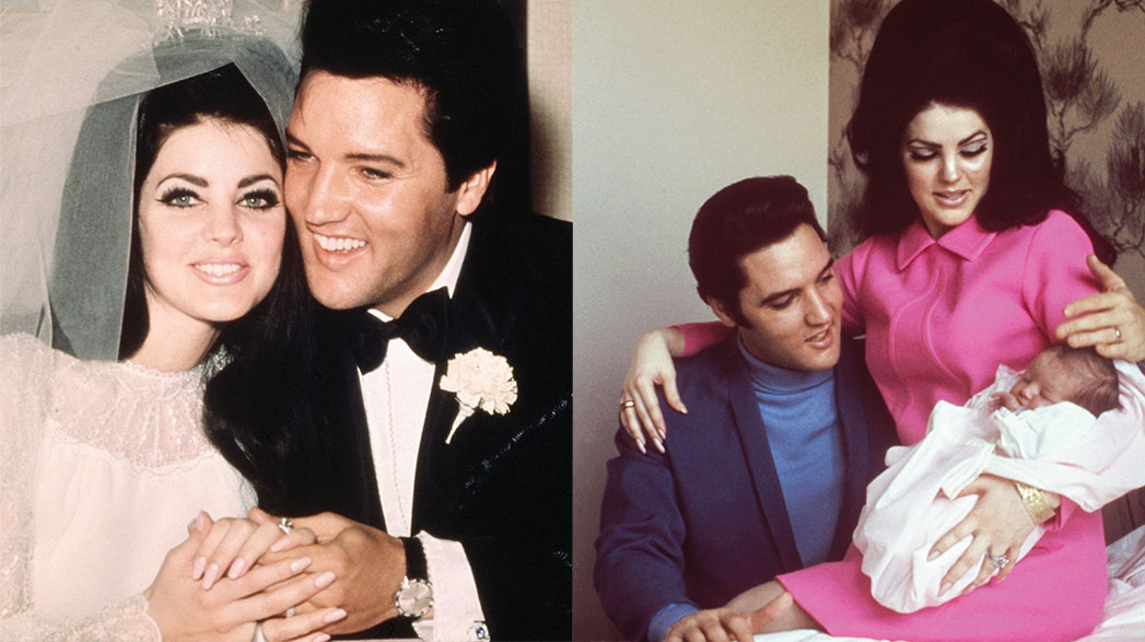 Priscilla ed Elvis Presley in due foto d'epoca, al loro matrimonio e con la loro unica figlia neonata Lisa Marie