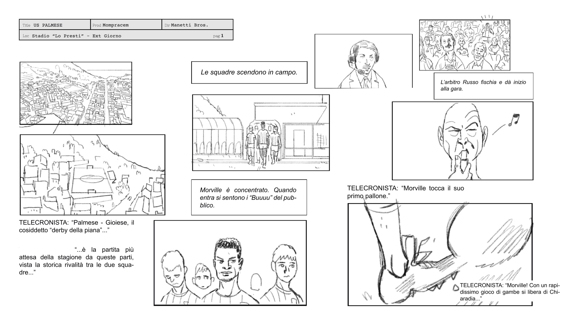 Due pagine dello storyboard di US Palmese in esclusiva per The Hollywood Reporter Roma