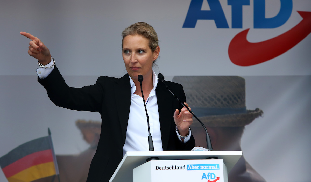 Alice Weidel, co-leader dell'Afd ad una manifestazione elettorale dell'agosto 2021 a Schwerin