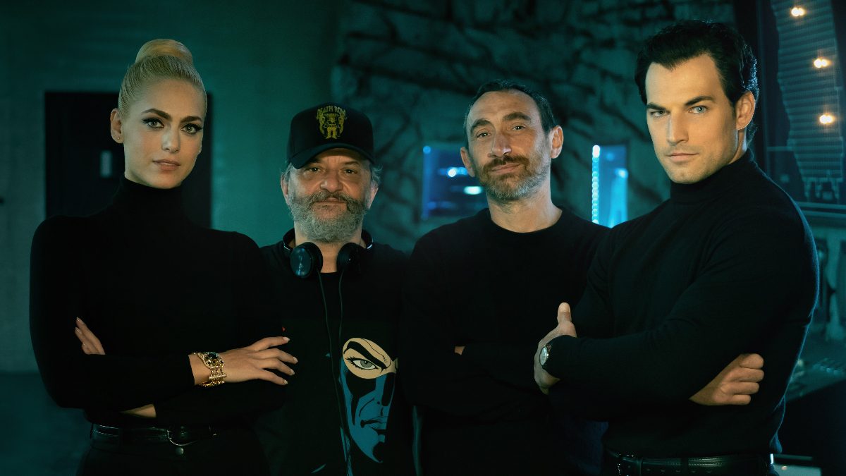 Miriam Leone, Marco Manetti, Antonio Manetti e Giacomo Gianniotti sul set di Diabolik, chi sei?. (Foto di Nicole Manetti)