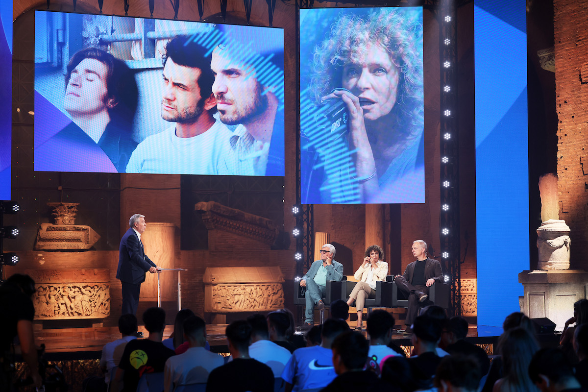 Giancarlo De Cataldo, Valeria Golino e Antonio Scurati. Foto di Ernesto Ruscio /SkyTg24 