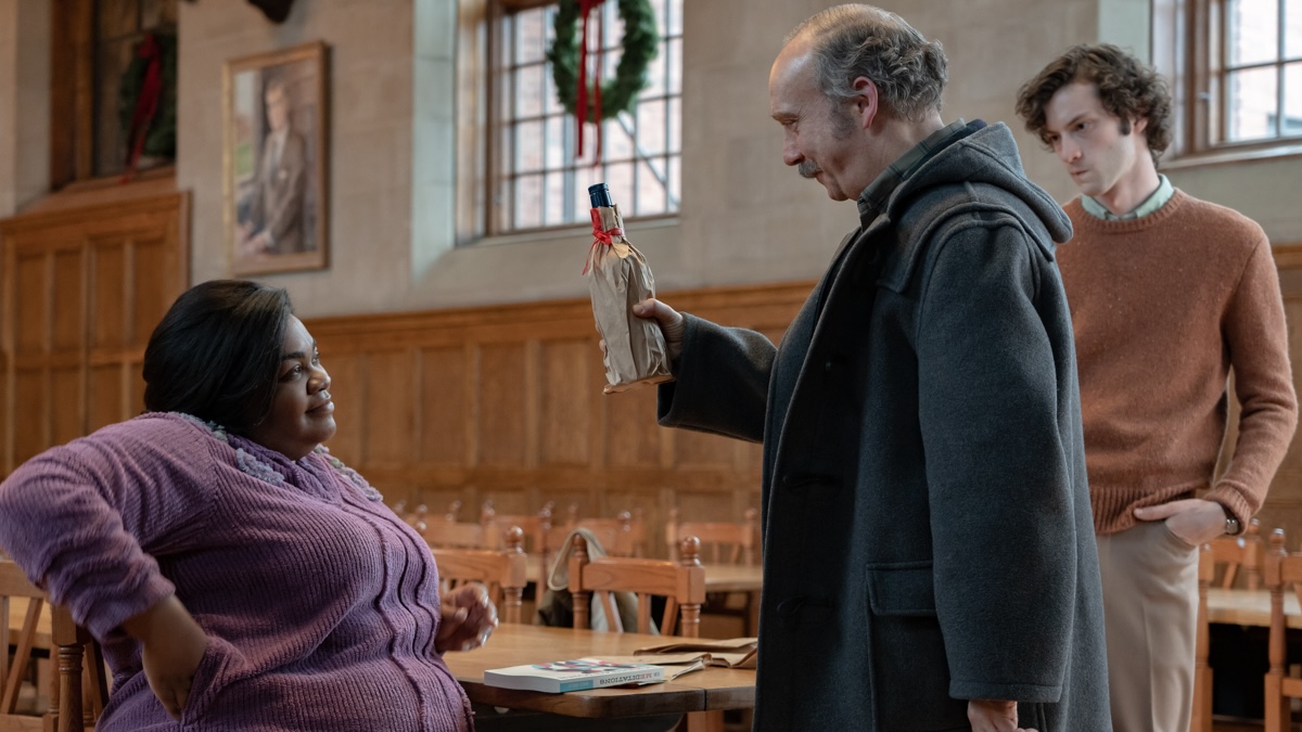 Da'Vine Joy Randolph, Paul Giamatti e Dominic Sessa in una scena di The Holdovers - Lezioni di vita