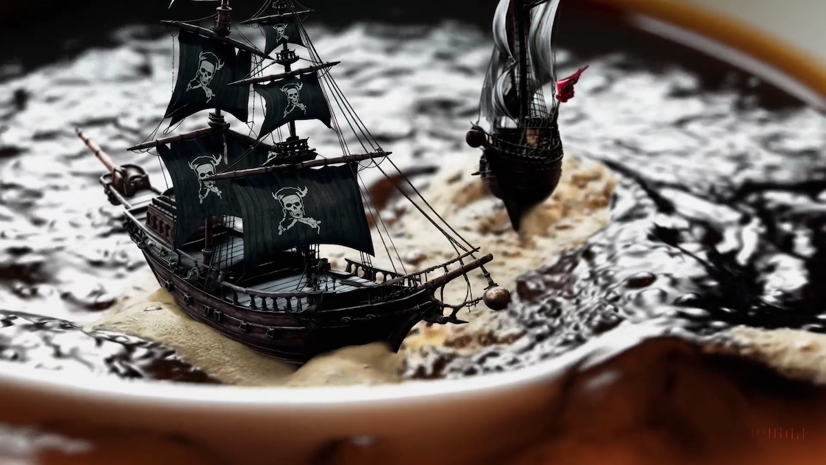 Due navi pirata in una tazzina di caffè. Video generato da Sora