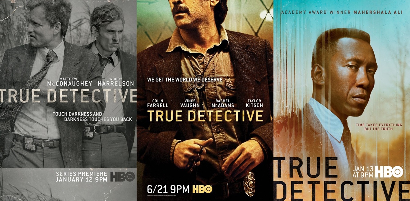 Le locandine delle prime tre stagioni di True Detective 