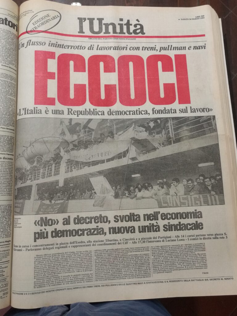 La prima pagina del 24 marzo 1984 de L'Unità