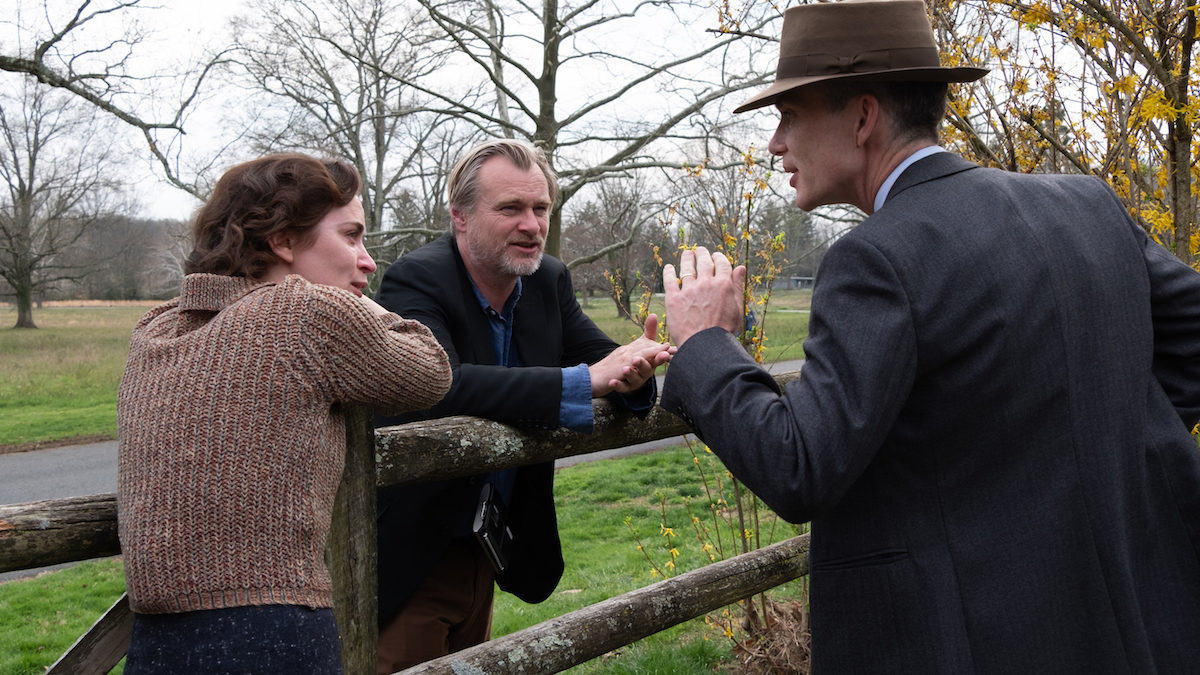 Emily Blunt, Christopher Nolan e Cillian Murphy sul set di Oppenheimer