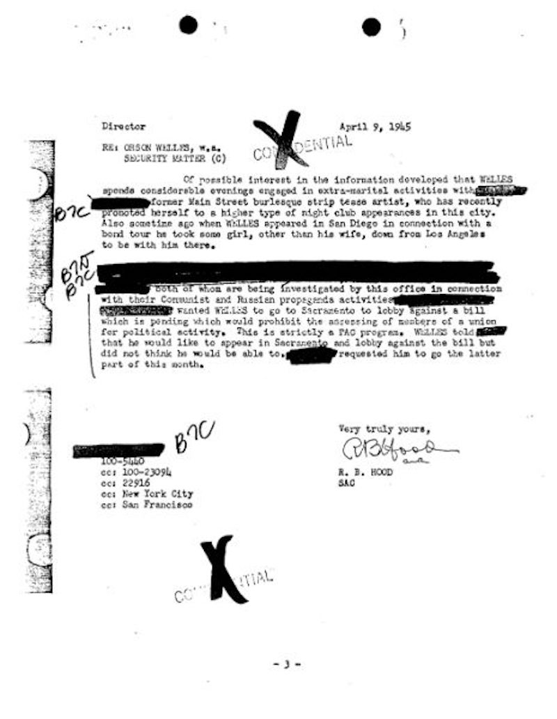 La nota confidenziale dell'Fbi su Orson Welles datata 9 aprile 1945 