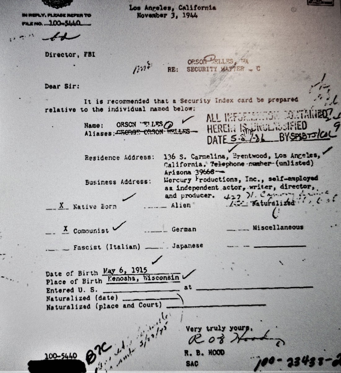 Il documento dell'Fbi su Orson Welles datato 3 novembre 1944