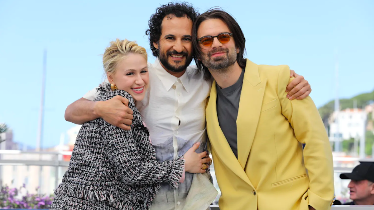 Maria Bakalova, il regista Ali Abbasi e Sebastian Stan alla presentazione di The Apprentince a Cannes 77